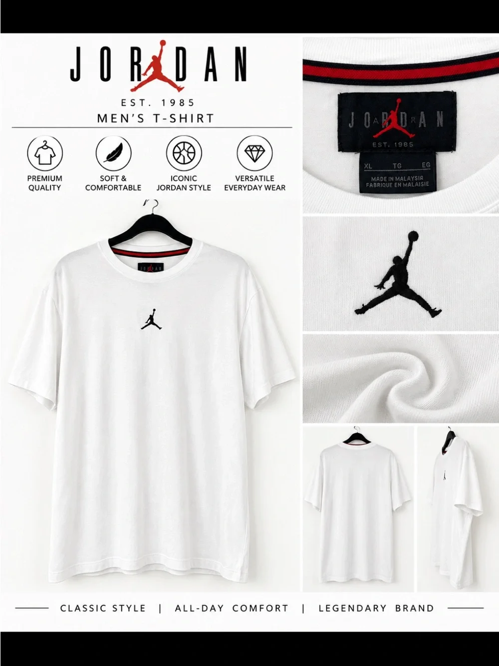 Jordan White Short-Sleeve Tee with Black Jumpman Logo